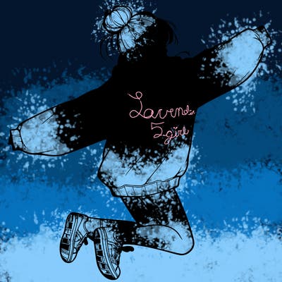 realistic girl jumping with a bun and oversized sweatshirt