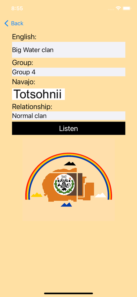 Interface of the Navajo Clans app showing the Big Water clan details in English and Navajo with a button to listen to the pronunciation