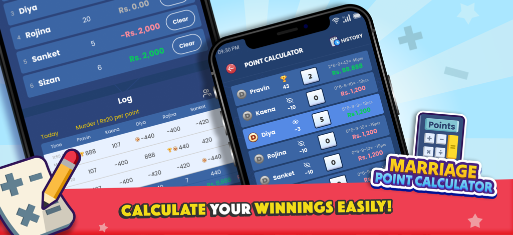 A mobile app interface showing a point calculator for the Marriage card game with player names and scores.