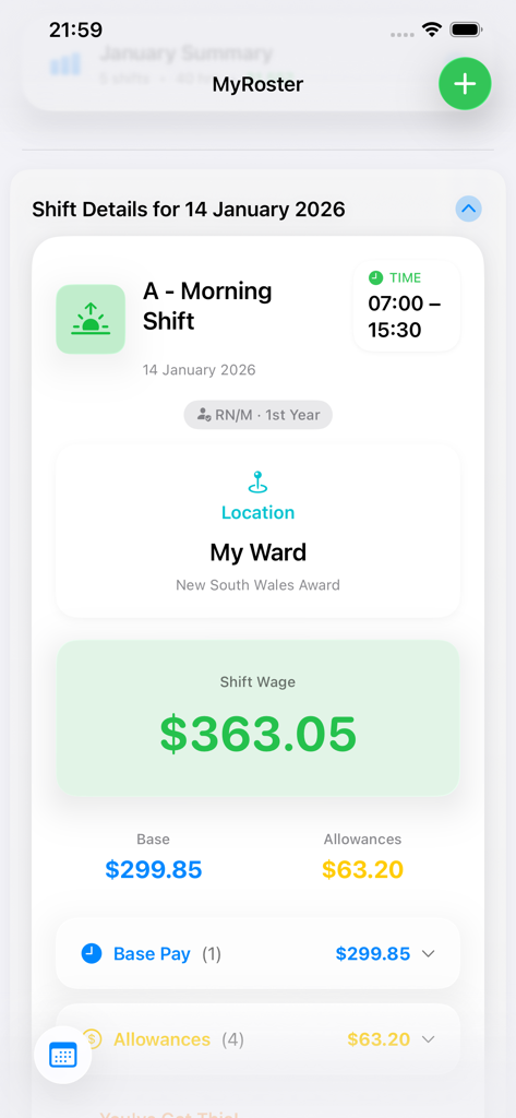 MyRoster - MyRoster app displaying a nursing morning shift details and calculated wage summary.