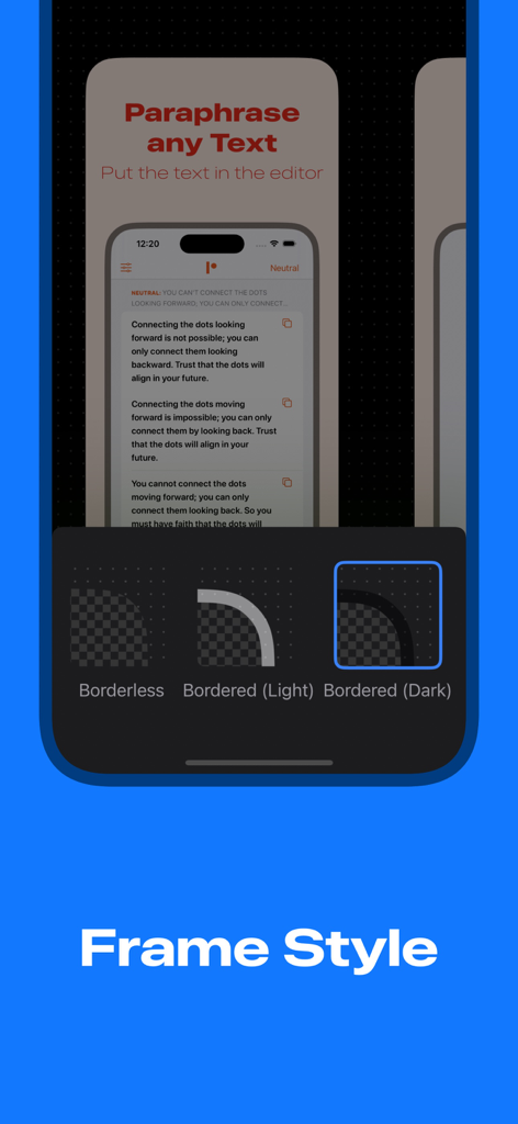 Screenshot Studio - App Mockup - Interface para escolher entre estilos de moldura de dispositivo com ou sem borda para capturas de tela de aplicativos