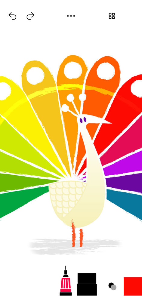 A colorful rainbow peacock drawing created with digital art tools in the Tayasui Sketches School app.