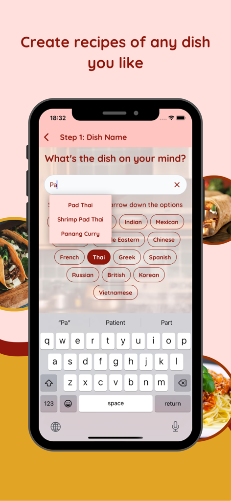 CookAI: AI Recipe Generator - CookAI app screen showing a user typing a dish name with cuisine category tags and recipe suggestions