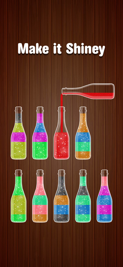 Get Color Mixer Water Sort - Una pantalla de juego móvil que muestra varias botellas llenas de líquidos brillantes de colores siendo clasificadas sobre un fondo de madera.