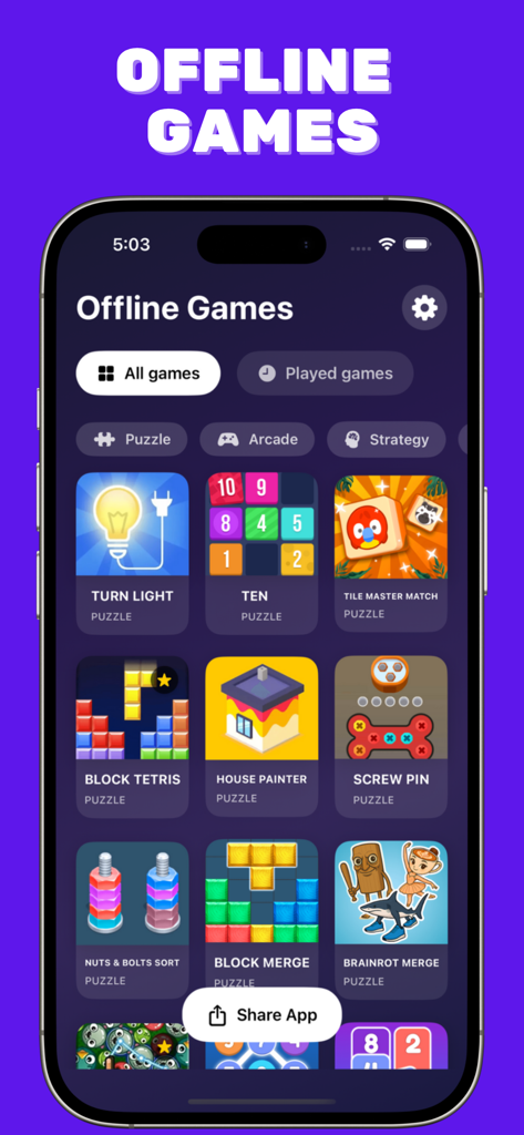 Interface of the Offline Games app showing a grid of various puzzle and arcade mini games including Block Tetris and House Painter
