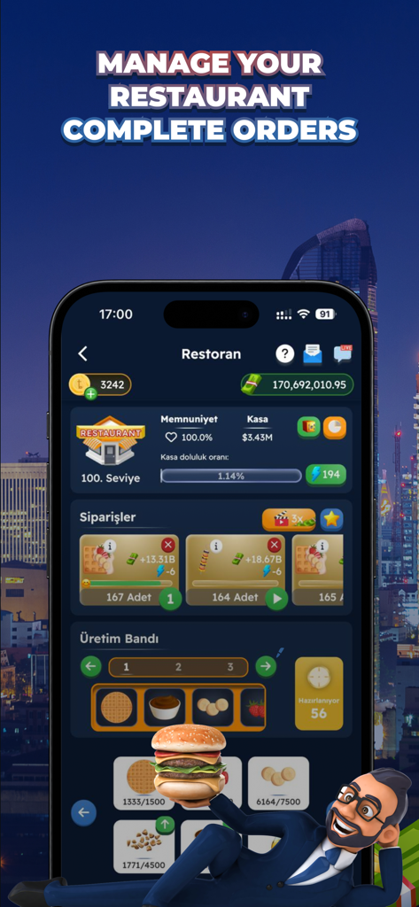 Ticarium: Tycoon & Strategy - Ticarium tycoon game interface showing restaurant management with orders and production lines