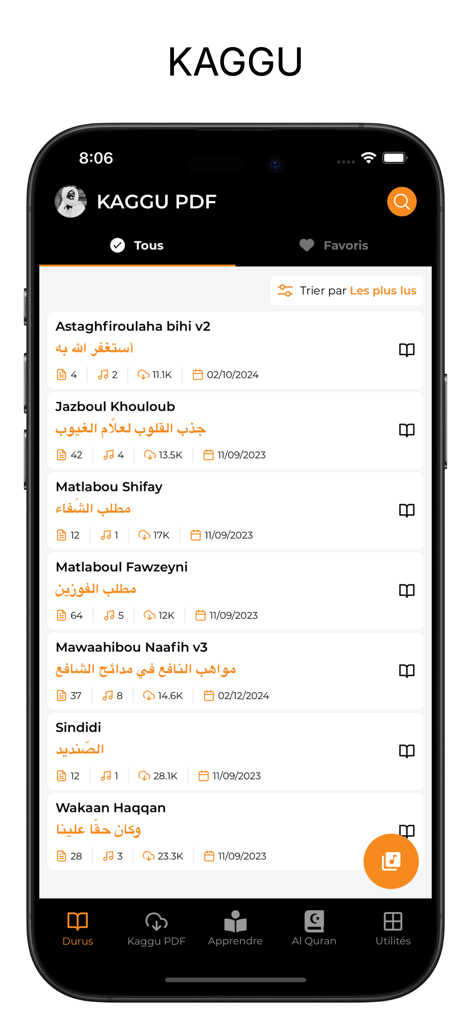 Kaggu PDF (Durus khassida S.T) - Screenshot of the Kaggu PDF app showing a list of religious khassidas with titles in French and Arabic