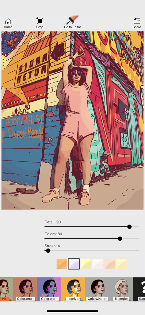 Mobile interface of Imaengine showing vectorization controls and pop art filters applied to a street art photo