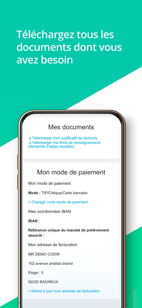 Mobile app screen showing document download and payment management options for ENGIE Gaz Passerelle.