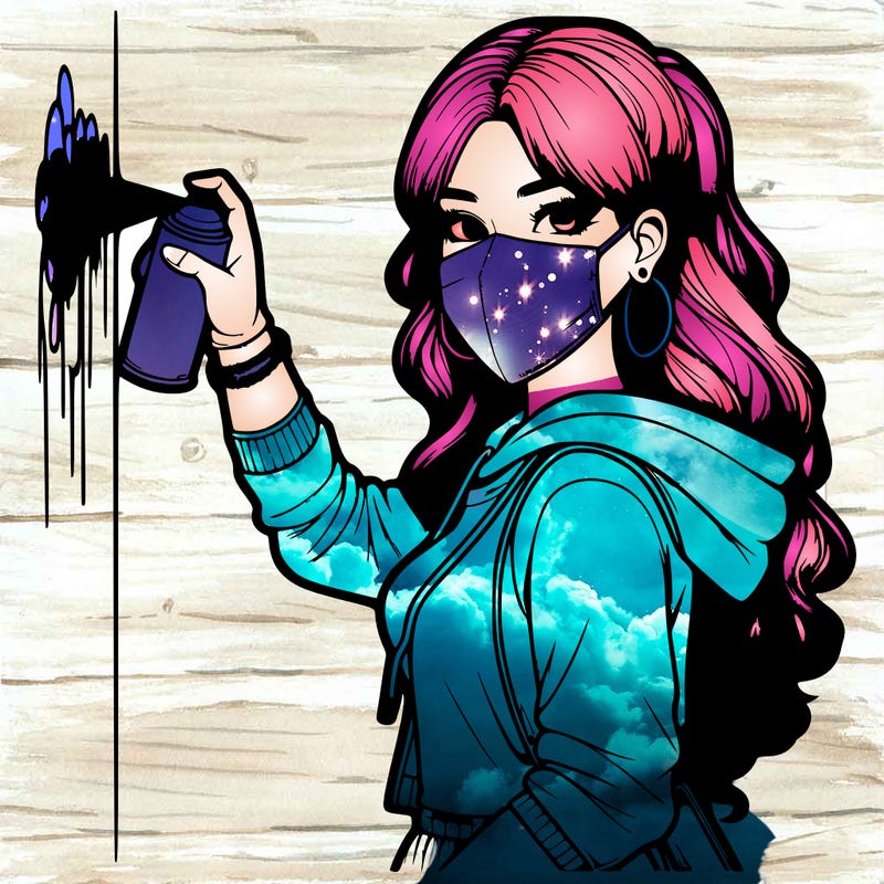 realistic girl with mask spray painting a wall