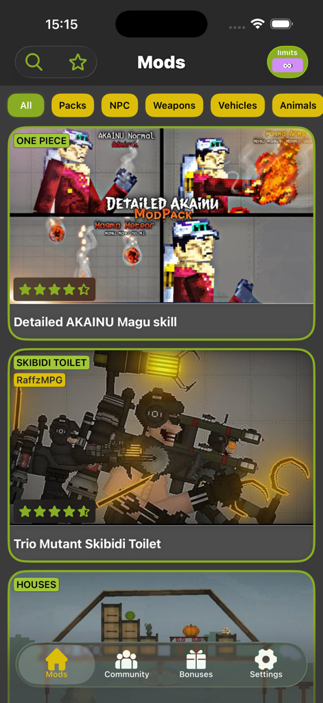 Ragdoll Mods 앱의 메인 인터페이스로, 애니메이션 및 스키비디 토일렛 테마를 포함한 다양한 Melon Sandbox 커뮤니티 모드를 보여줍니다.