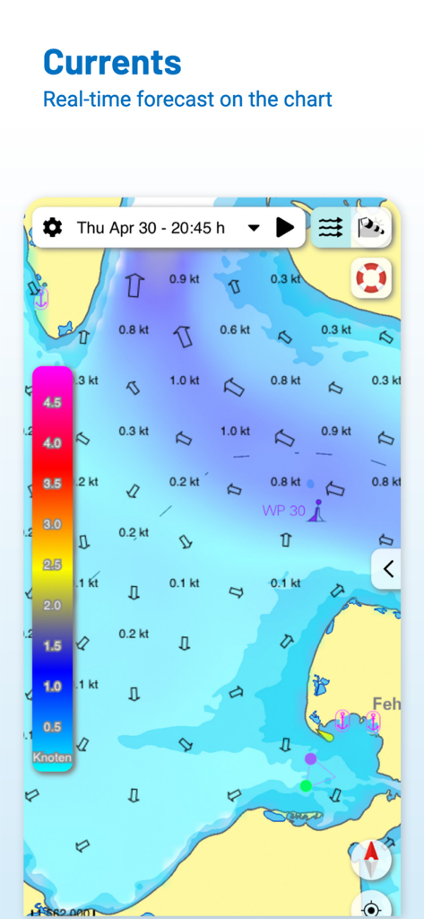 Carta náutica digital mostrando velocidades y direcciones de corrientes en tiempo real