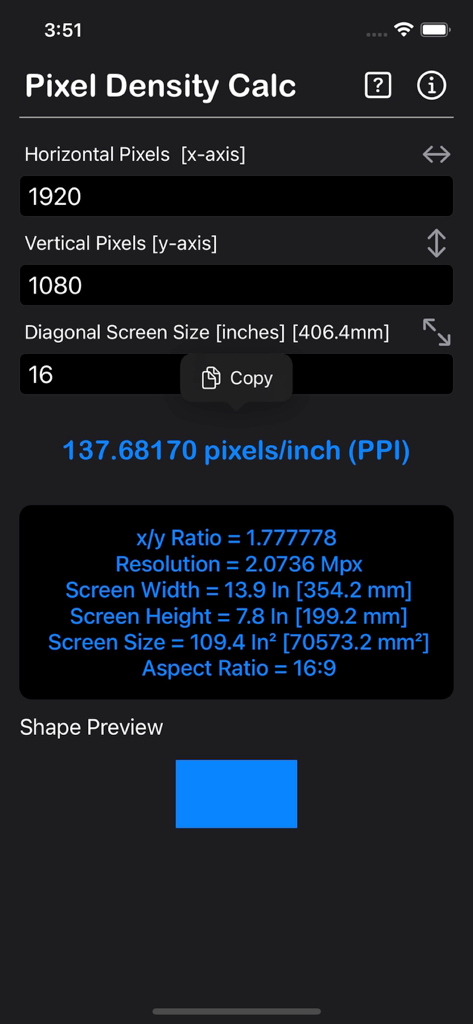 Pixel Density Calculator - ピクセル密度計算機アプリのインターフェイス。ディスプレイのPPI計算結果を表示しています。