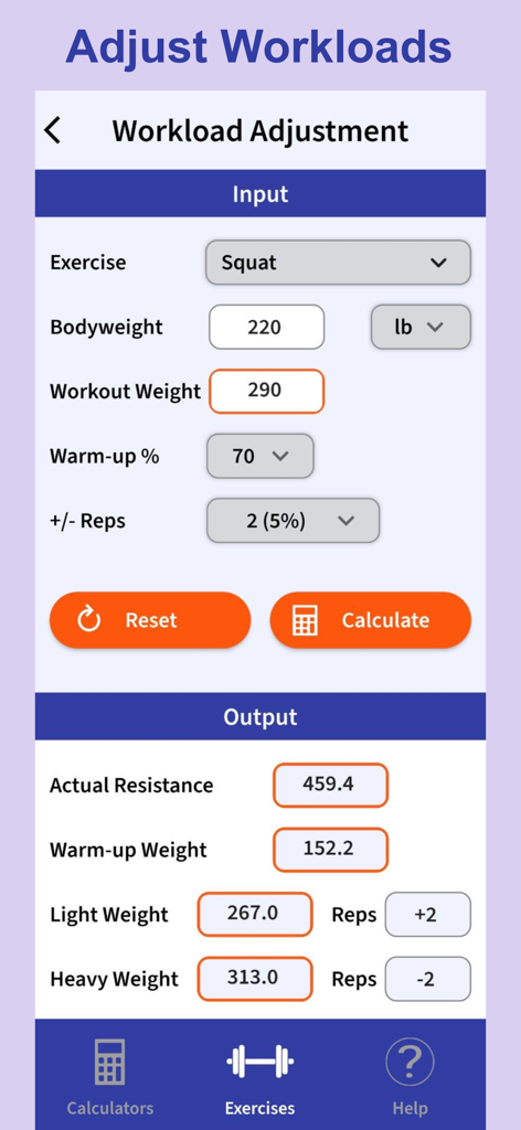 Interface of the ExRx.net Workout Tools app showing the workload adjustment calculator for squats