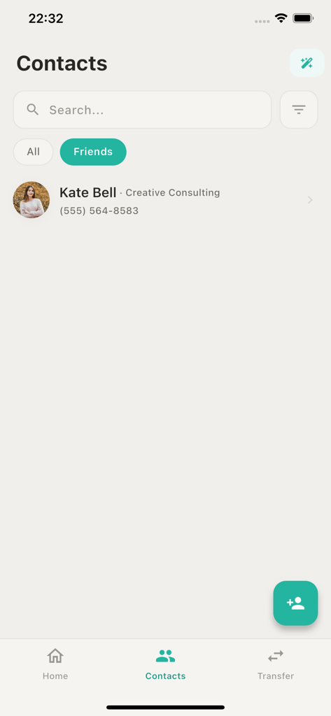 Tidy - Contacts Manager - Tidy app contacts list view showing a saved contact and search bar