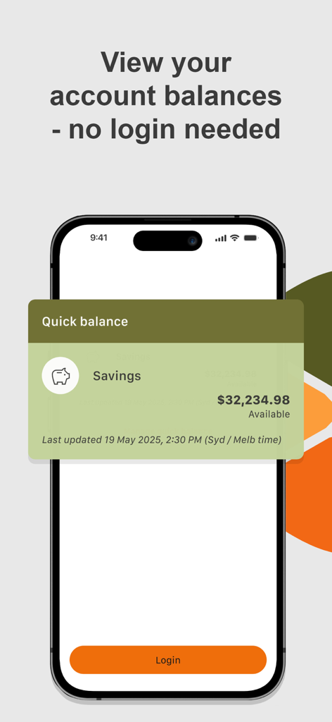 Bank Orange - App mobile Bank Orange che mostra la funzione di saldo rapido per visualizzare i totali dei conti senza effettuare l'accesso.