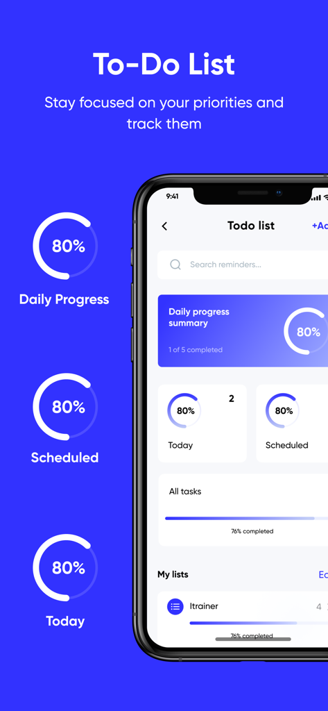 iTrainer app screenshot showing a to-do list with circular progress charts for daily health goals
