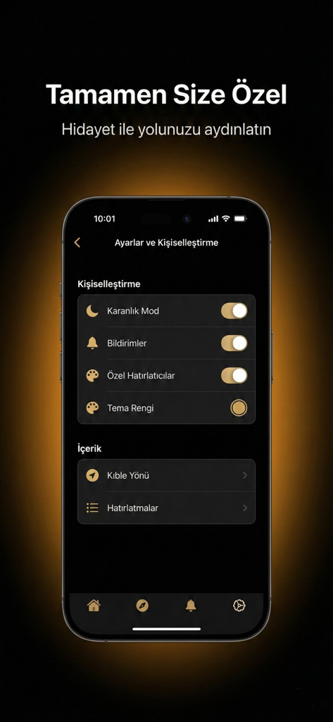 Hidayet: İslami Asistanınız - Settings and personalization screen of the Hidayet Islamic Assistant app featuring dark mode and notification toggles.