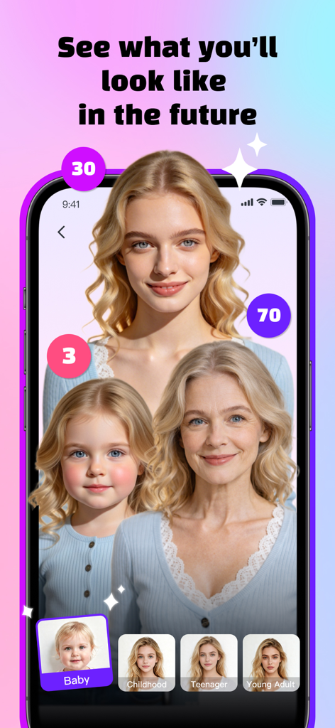 PixelMint – AI Photo Magic - Herramienta de progresión de edad con IA de PixelMint prediciendo la apariencia futura en diferentes edades