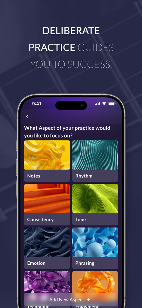 Modacity: Pro Music Practice - Modacity app interface showing deliberate practice focus categories like Notes, Rhythm, Consistency, Tone, Emotion, and Phrasing