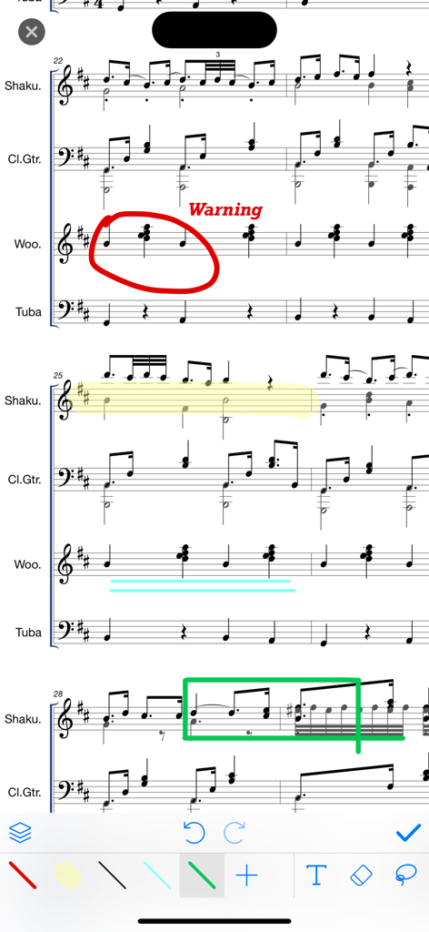 Digital sheet music reader interface with colorful hand-drawn annotations and markup tools