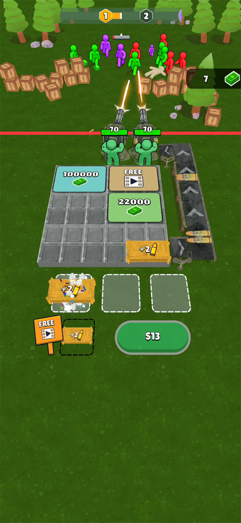Ammo Fever: Tower Gun Defense - Stickman gunners defending a base with a merge-based ammo grid in the Ammo Fever mobile game.