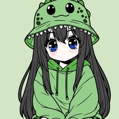 girl with anime shaped eyes with a dinosaur bucket hat oversized sweatshirt long straight hair