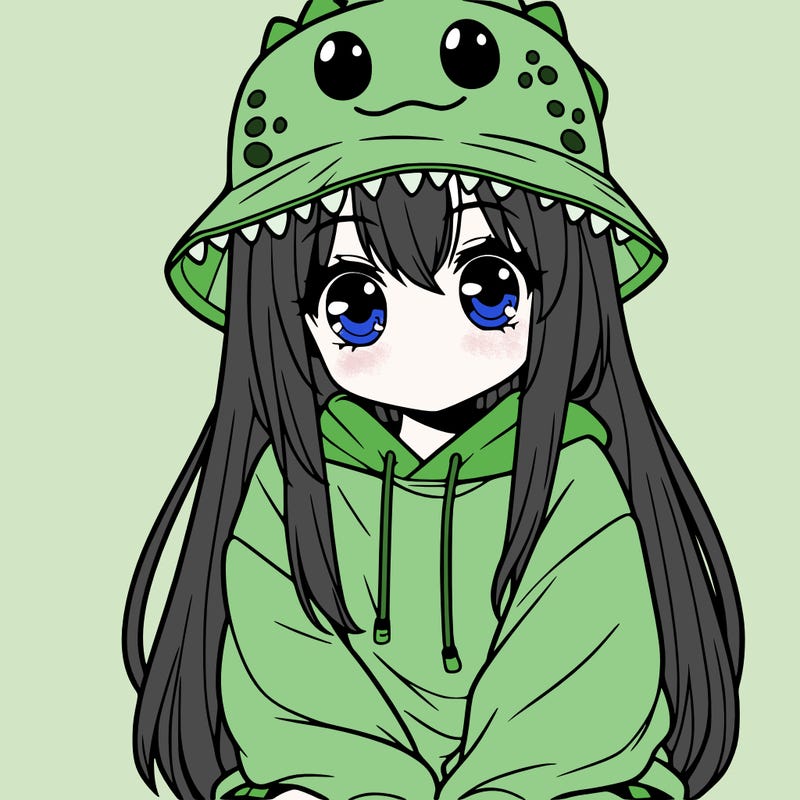 girl with anime shaped eyes with a dinosaur bucket hat oversized sweatshirt long straight hair