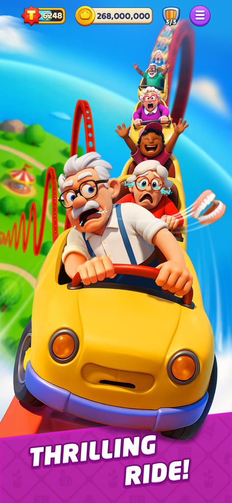 Funny cartoon characters screaming and cheering on a roller coaster ride in the Top Tycoon game.