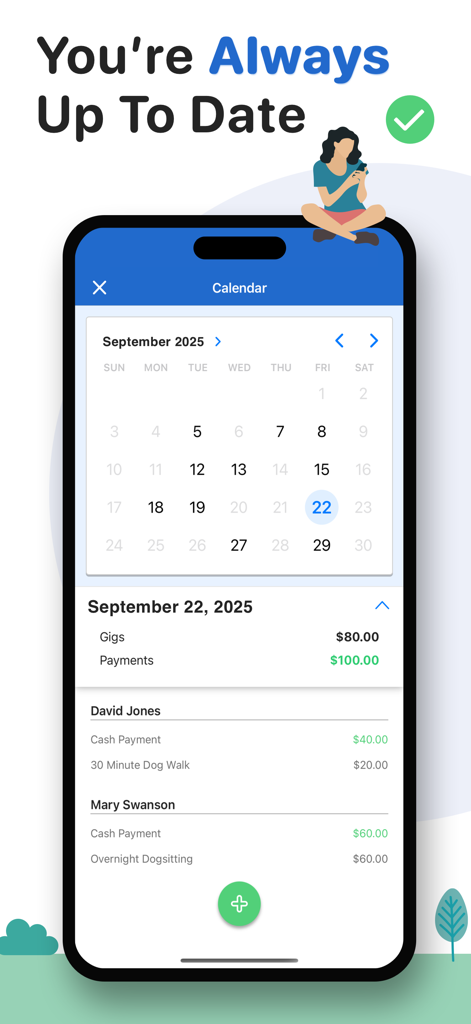 Giggy Bank - Income Tracker - Giggy Bank app screen showing a calendar with daily gig and payment summaries for independent professionals