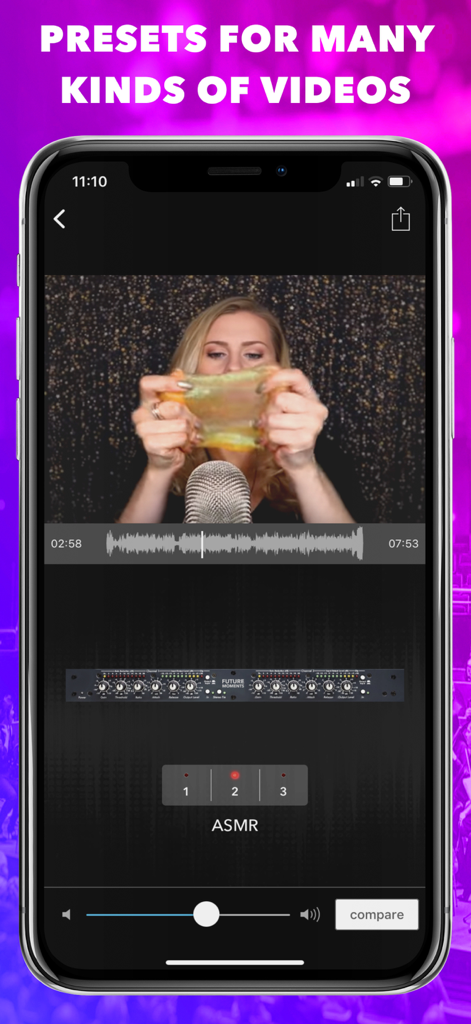 VideoMaster app interface showing an ASMR video being edited with specialized audio presets