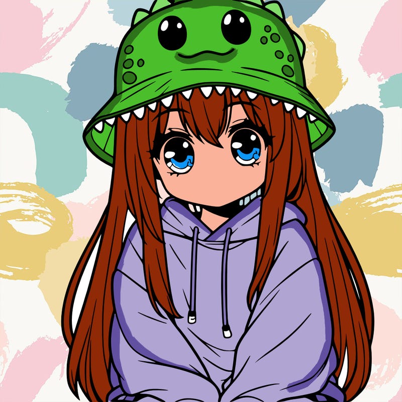 girl with anime shaped eyes with a dinosaur bucket hat oversized sweatshirt long straight hair