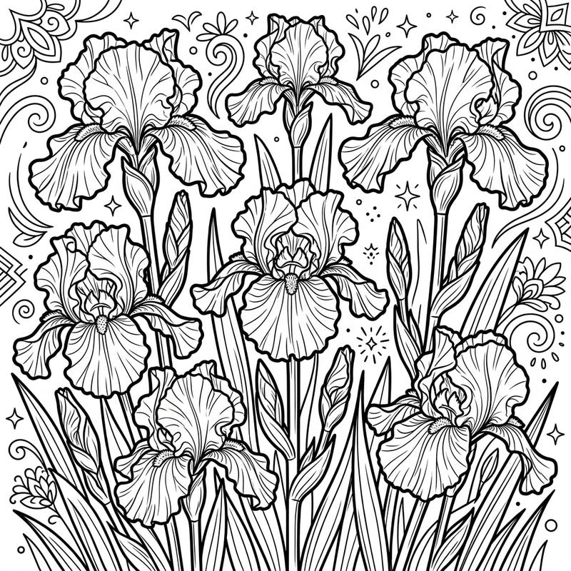 Dive into the beauty of nature with this captivating Tall Bearded Irises coloring page, designed specifically for teens seeking a detailed and engaging artistic outlet. Explore the intricate petals and elegant leaves of these magnificent flowers, ready for your creative touch.
