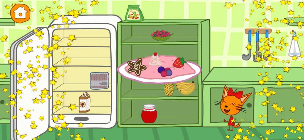 Kid-E-Cats Cooking at Kitchen! - Candy the kitten in the kitchen with a decorated plate and festive golden stars