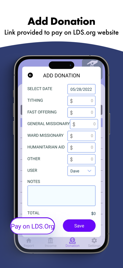 Interface of the LDS Tithing Report app showing a form to add donations for tithing, fast offerings, and missionary funds with a link to pay on LDS.org.