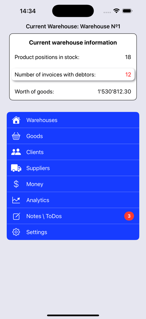 Warehouse accounting - Warehouse accounting app dashboard showing current warehouse information and navigation menu.