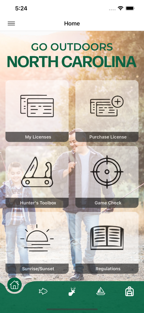 Go Outdoors North Carolina mobile app dashboard showing licensing and hunting features