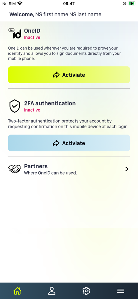 OneID - The OneID app home screen showing options to activate digital identity and two factor authentication