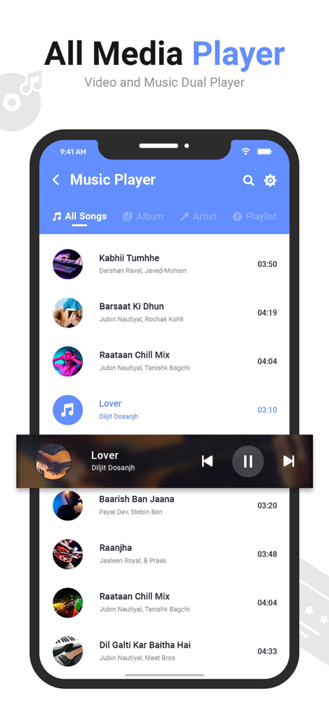 MX Video Player app screenshot showing the music library and playback controls
