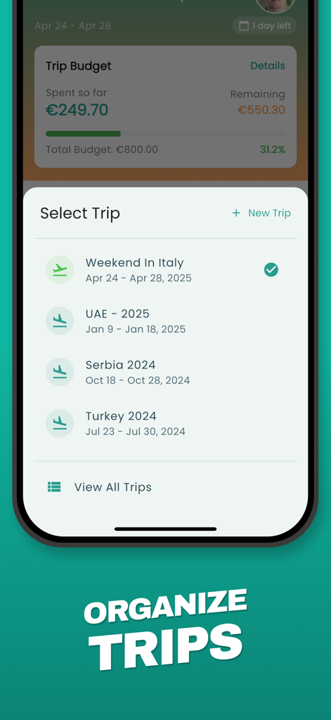 Schermata dell'app Spentrip che mostra un elenco di viaggi organizzati come Weekend in Italia e una barra di avanzamento del budget di viaggio.