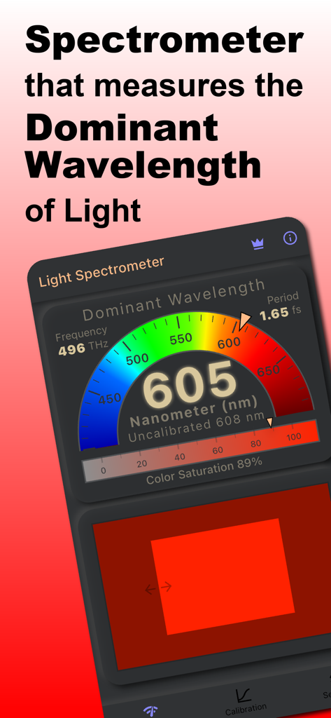 Pantalla de la aplicación Espectrómetro de Luz mostrando una medición de longitud de onda dominante de 605 nanómetros