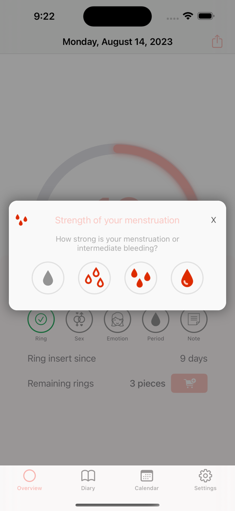 MyRing - contraceptive ring - MyRing app popup for tracking menstruation flow strength with different drop icons