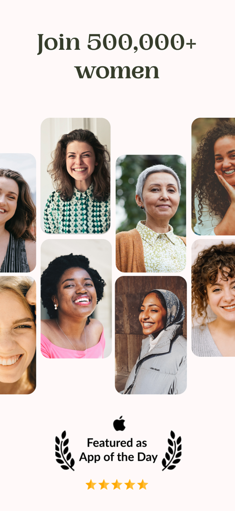 Ferly: Intimacy & Relationship - A collage of diverse smiling women with text saying Join 500,000 plus women and highlighting its status as an Apple Featured App of the Day