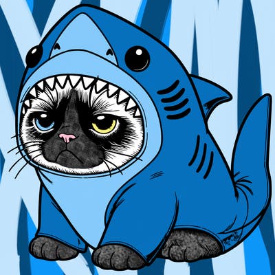 a realistic grumpy cat wearing a cute shark costume