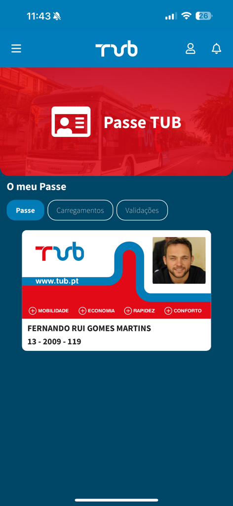 TUB App - Interface de pass de transport numérique dans l'application TUB pour le transport public de Braga