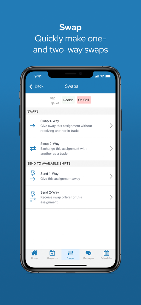 Interface of the QGenda app showing options for healthcare professionals to perform one-way and two-way shift swaps.
