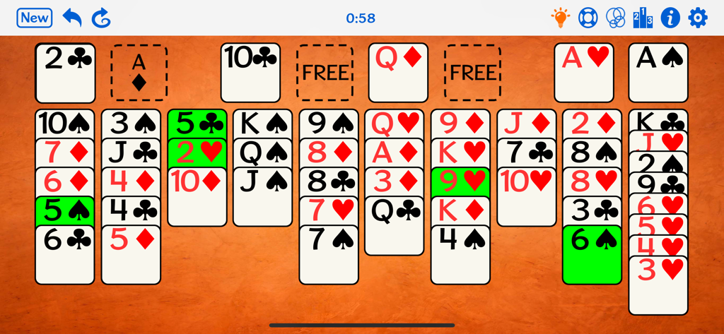 A gameplay screen of Seahaven Towers Plus showing cascading cards and strategic free cells on a textured background.