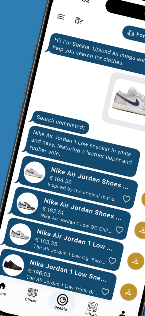 Seekia 앱의 AI 채팅 인터페이스가 가격과 함께 나이키 에어 조던 스니커즈 검색 결과를 보여줍니다.