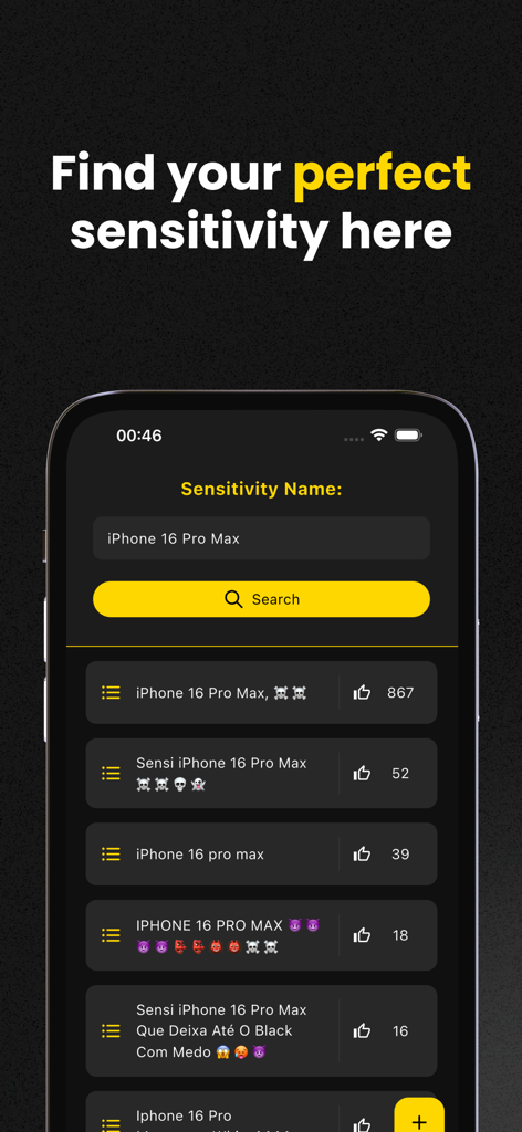 Sensi Master - Interface de l'application Sensi Master montrant une liste de résultats de recherche pour les paramètres de sensibilité de l'iPhone 16 Pro Max avec des nombres de likes