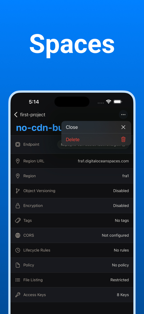 Digital Ocean Mobile — Ocean - Tela do aplicativo Digital Ocean Mobile Ocean mostrando detalhes de um bucket de armazenamento de objetos Spaces, incluindo região, criptografia e uma opção de menu de exclusão